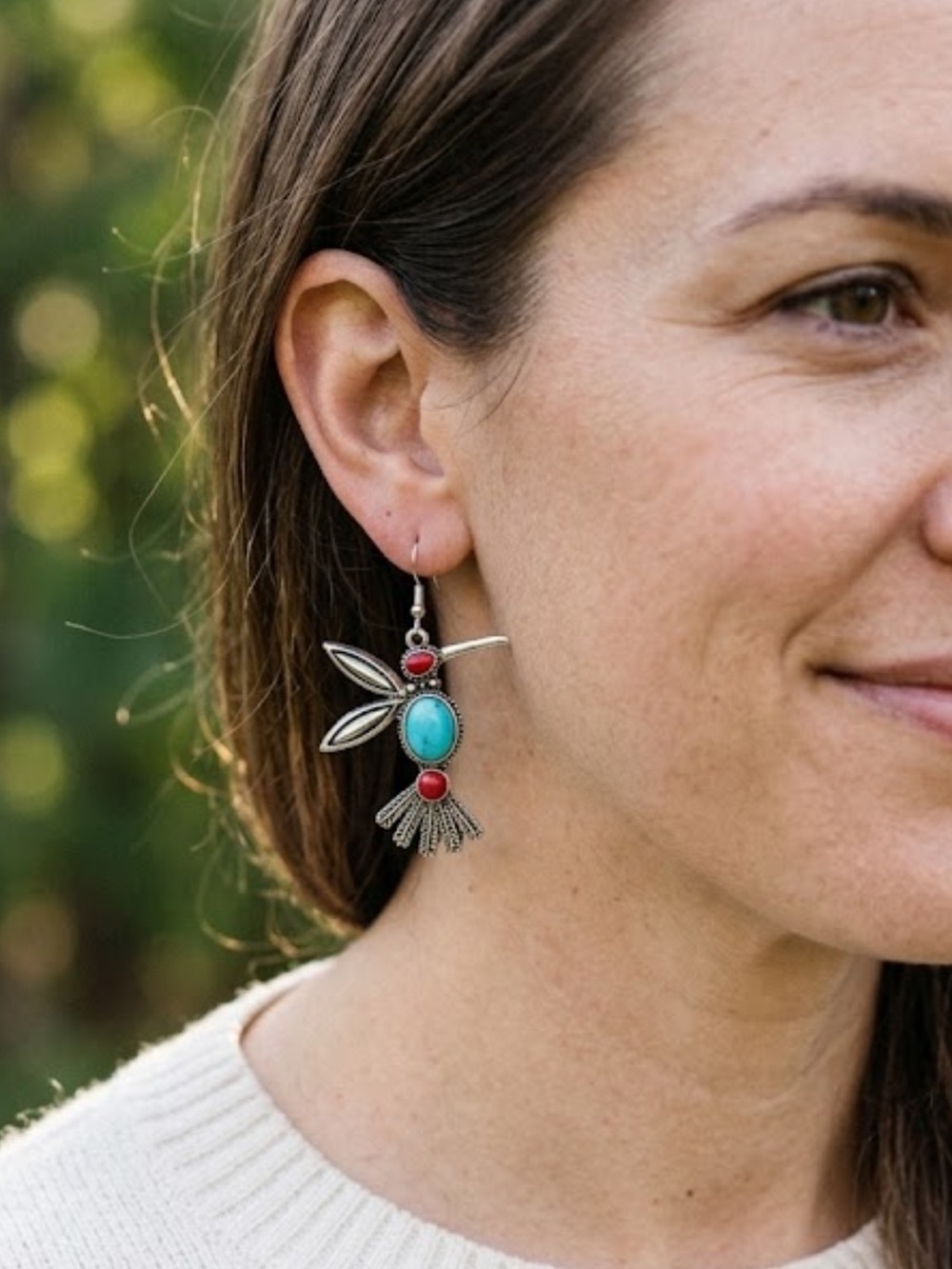 NWT Aztec Western Turquoise Red Bird Dangle Earrings Boho Cowgirl Southwestern